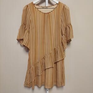 Dex Womens Striped Bell Sleeve Ruffle Hem Mini Dress Mustard Yellow Cream Small